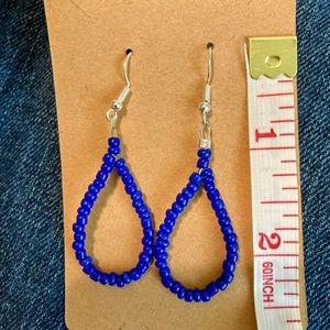 Blue Seed Bead Tear Drop Earrings 2 1/2 inches long